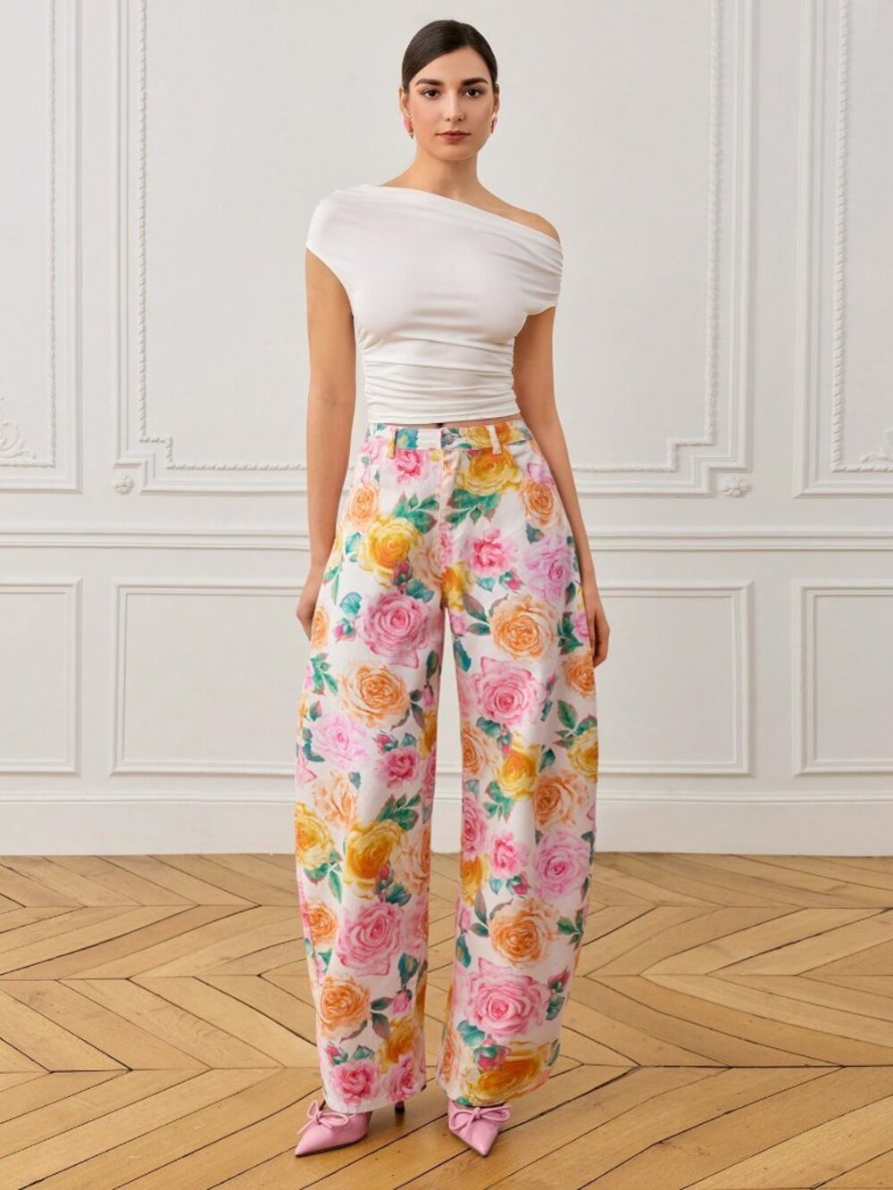 White Boho Women's / Watercolor Colorful Floral Denim Print Flared Pants - Picture 1 of 5